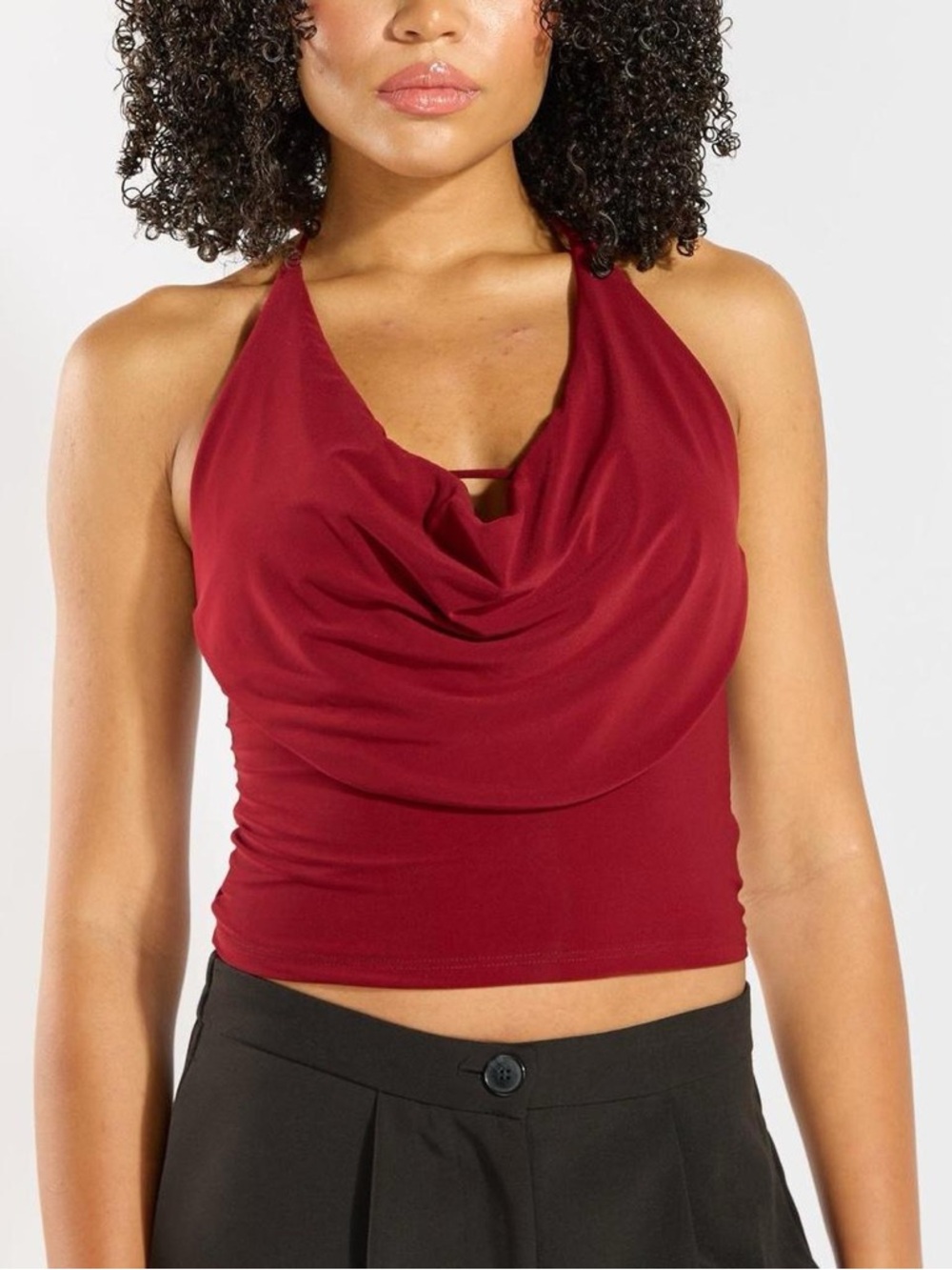 Envie Women’s Cowl Neck Halter Crop Top - Burgundy